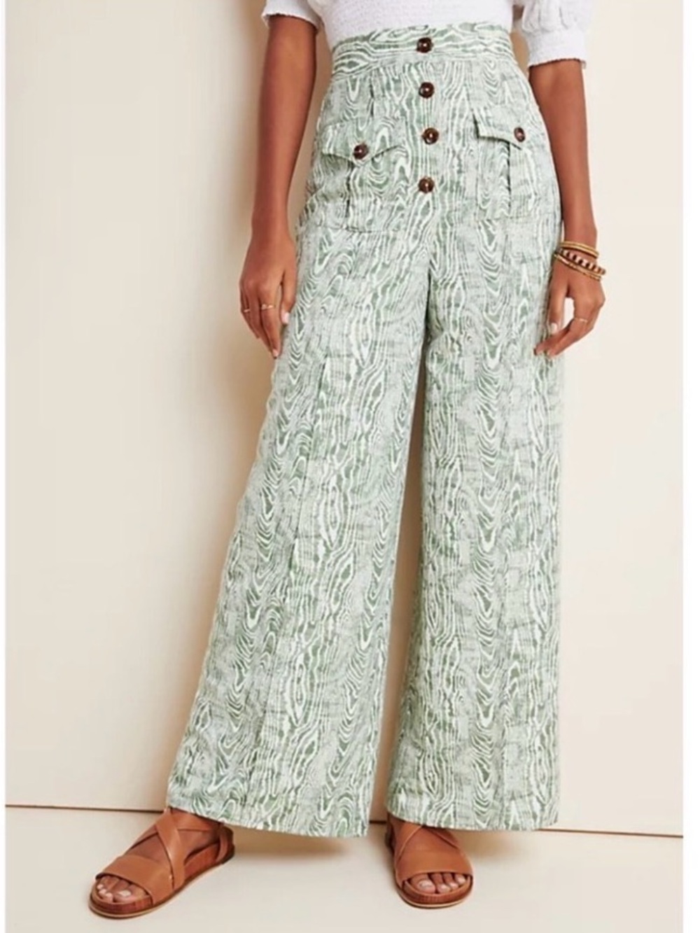 Anthropologie C/Meo Green Wide-Leg High-Rise Pants with wood aButton Front